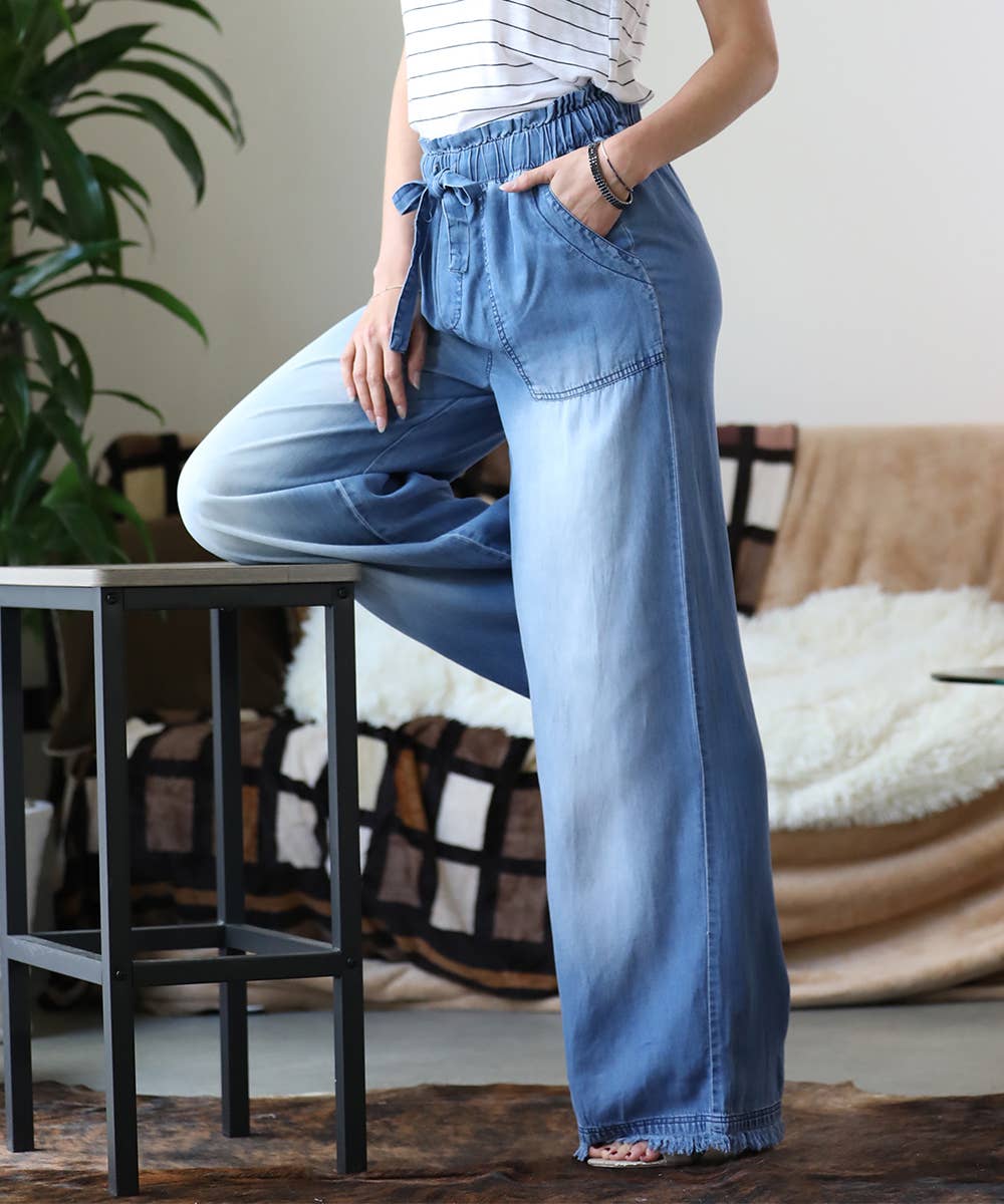 CHAMBRAY PAPERBAG WAIST WIDE LEG PANTS WITH POCKETS