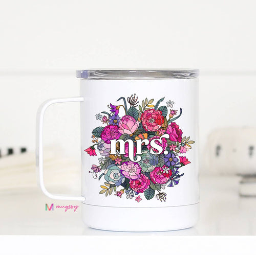 Mugsby - Mrs Floral Travel Cup With Handle, Bridal Mug
